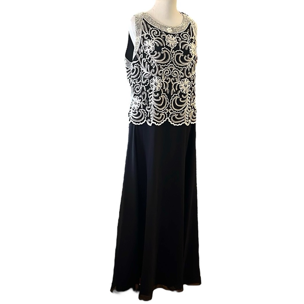 J KARA FLORAL BEADED FORMAL MAXI DRESS BLACK WHITE PLUS SIZE 16P NEW WITH TAGS